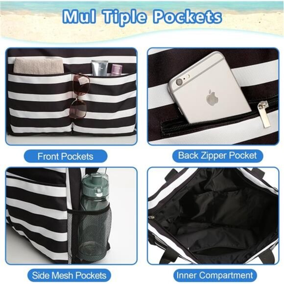 Stylish Black & White Striped Beach Tote Bag with Multiple Pockets - Picture 4 of 7